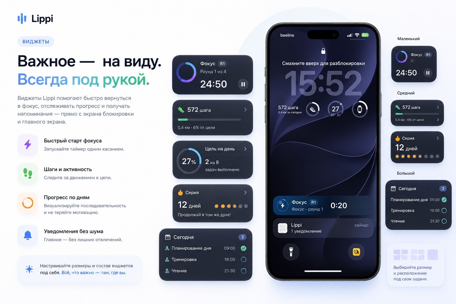 Виджеты Lippi на экране блокировки iPhone